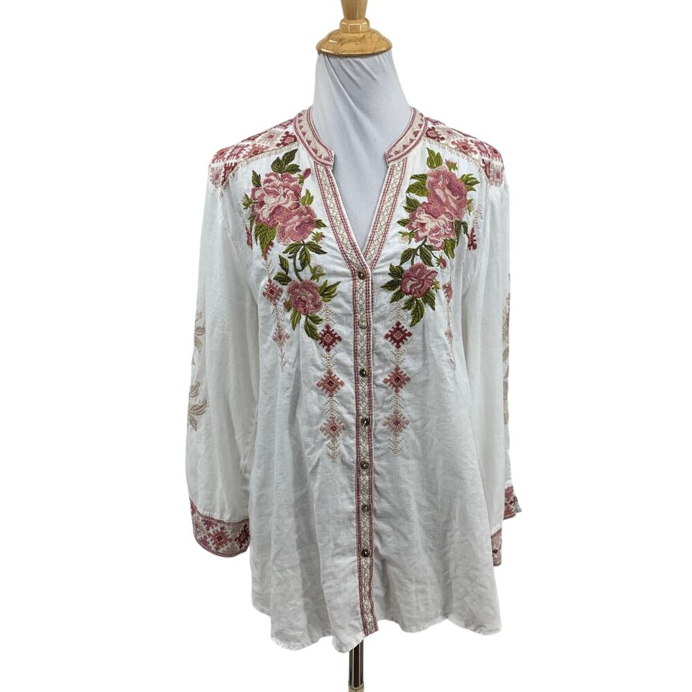 Johnny Was Blouse Womens Large White Embroidered Loose Fit Button Front Bohemian
